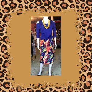 Plus Size, Multi Color  orange, royal blue, yellow, abstract,  Knee length skirt